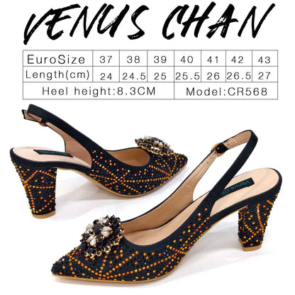 INS Style Green Party Shoe and Bag Set in Women Pointed-Toe Rhinestone High Heels Elegant African Ladies Shoes