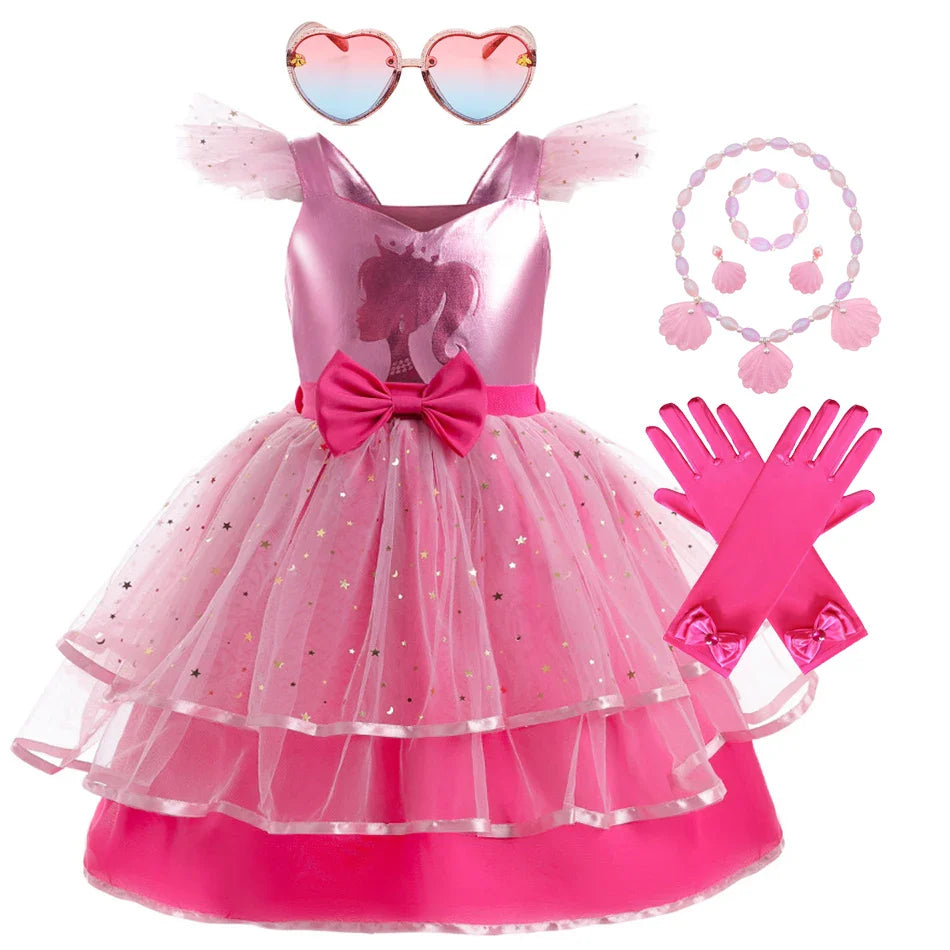 Princess Girls Rosy Movie Tutu Dress for Girl Letter B Birthday Party New Year Christmas Costumes Margot Ken Robbie