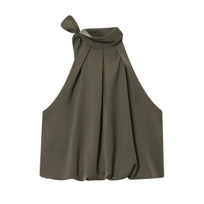 European and American style 2025 autumn new product women's clothing design with bow tie decoration hanging neck collar top