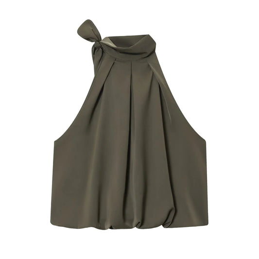European and American style 2025 autumn new product women's clothing design with bow tie decoration hanging neck collar top