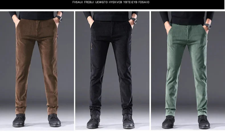 Men's Corduroy Slim Casual Pants 2024 Autumn New Coffee Fashion Stretch Straight Trousers Solid Color Male Clothes