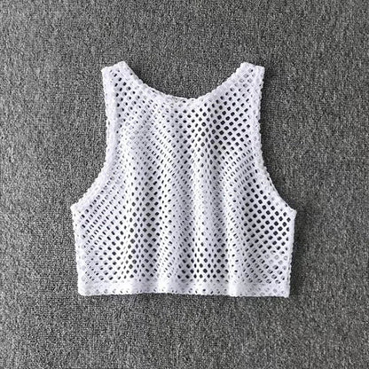 Sexy Black/Red Hollow Out Crop Top 2023 Mesh T-shirt Female Loose Fashion Summer Basic Tops For Women Fishnet Shirt