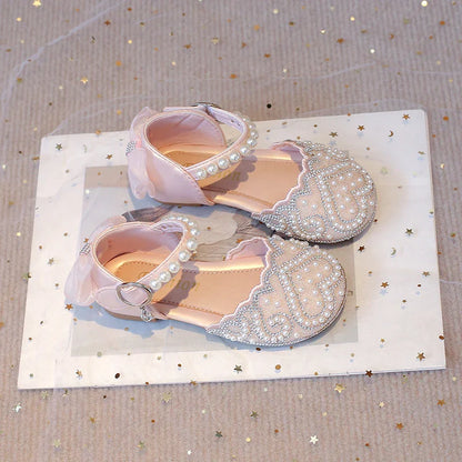 2025Summer Girls Sandals With Heel Fashion Rhinestone Shiny Glitter Shoes Children Princess Bowtie Pearl Dancing Shoes