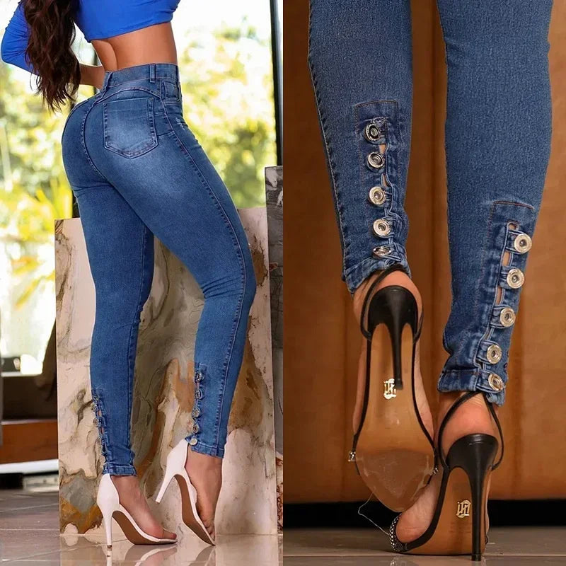 Calça Jeans Feminina Casual Skinny Lápis Cintura Alta Fina