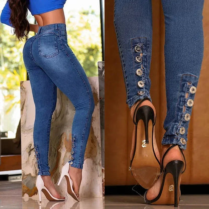 Calça Jeans Feminina Casual Skinny Lápis Cintura Alta Fina