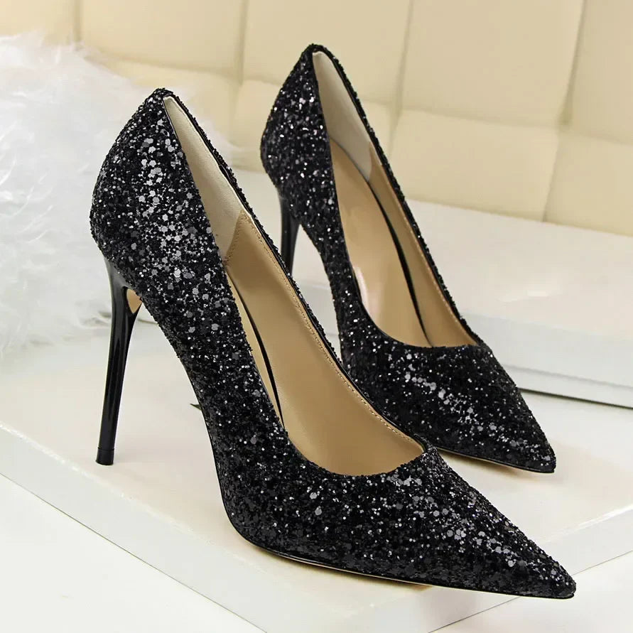 Women Luxury Bling Red  Blue Valentine Party Scarpins Pumps Lady Glitter Sequins 7cm 9.5cm High Heels Designer Shoes Plus Size