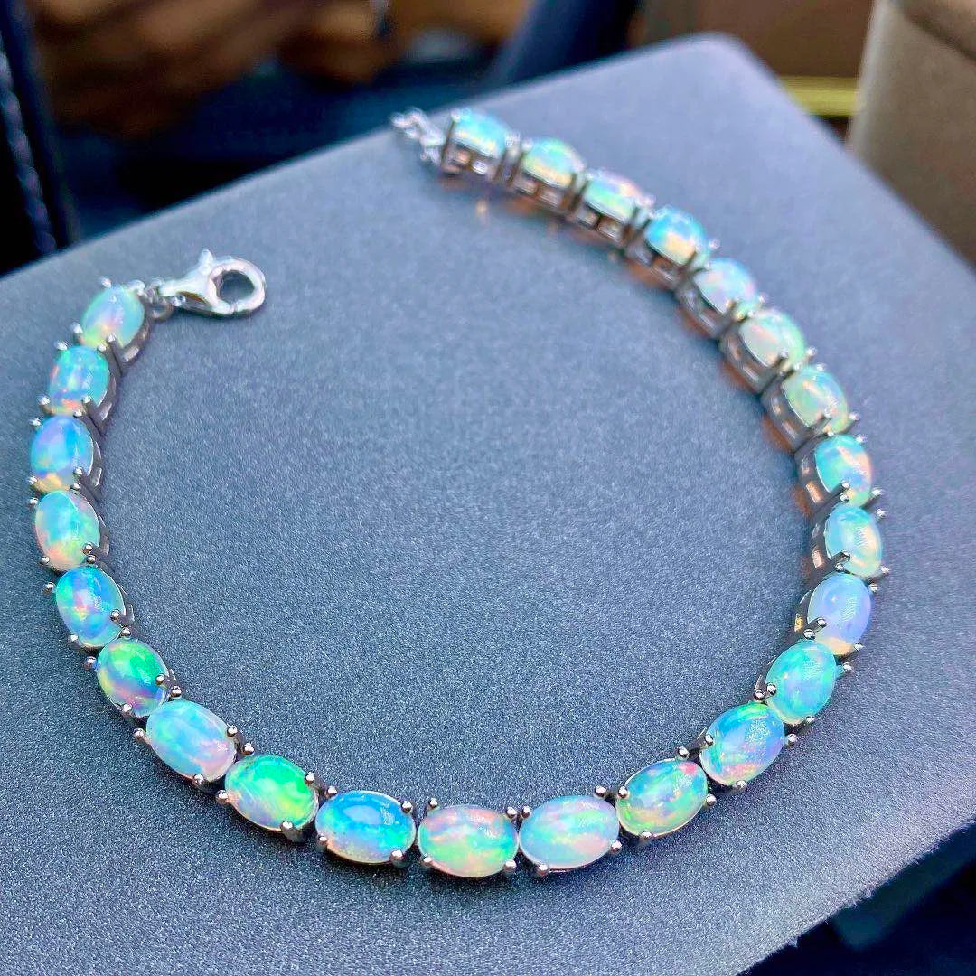 925 Sterling Silver Natural Opal Simple Bracelet Colorful Stone Bracelet Women's Fine Wedding Jewelry 24 Pc 4*6mm Fine Jewelry