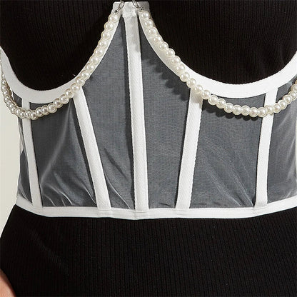 Pearl Chain Bustiers Tied Waspie Wide Belt Cinchers Underwire Lace-up Underbust Corset Bustier Corsets Tops Boned Corset