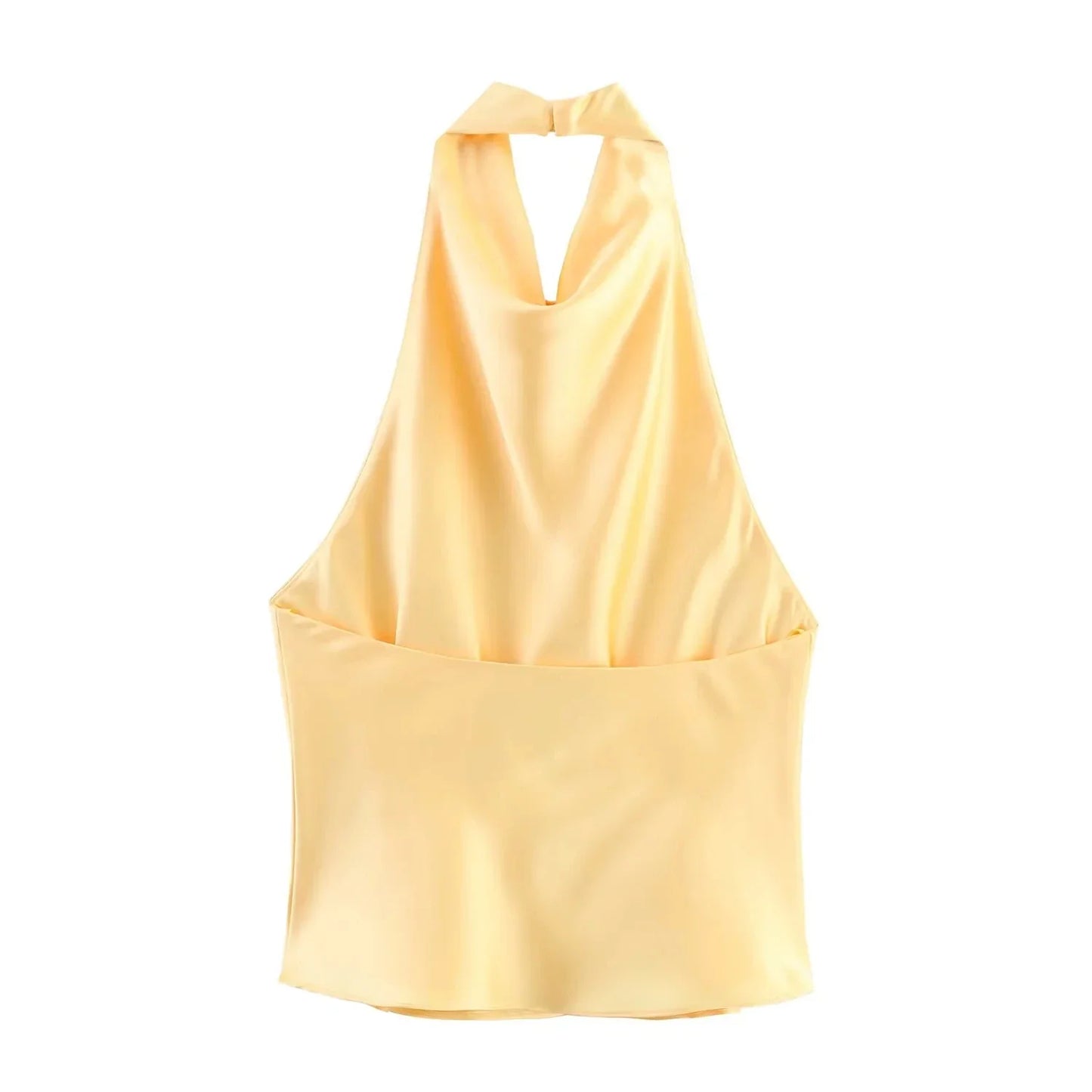 Sexy Chic Butter Yellow Satin Tops Women Halter Backless Beach Holiday Party Top Fashion 2025 New Year Evening Satin Top