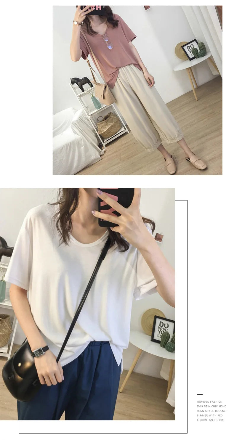 1pcs Girls Summer Solid T-shirts Women Classic Basic Fashion Tees Students Short Sleeve Loose Tops Female V Neck Comfort Tshirts
