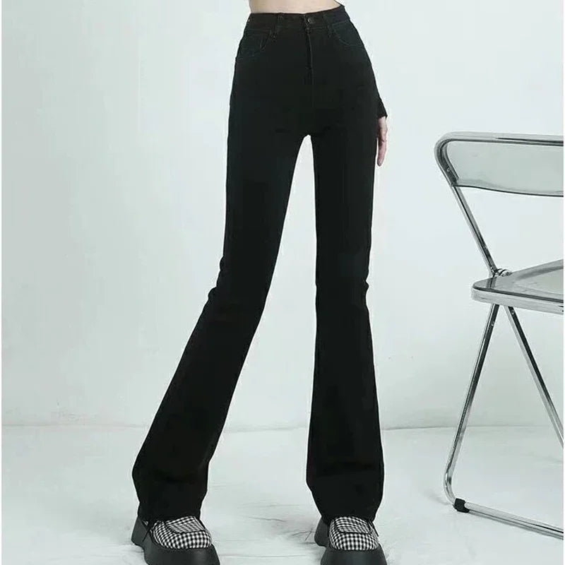 High Waist Elastic Boot Cut Pants Denim Bell Bottom Trousers