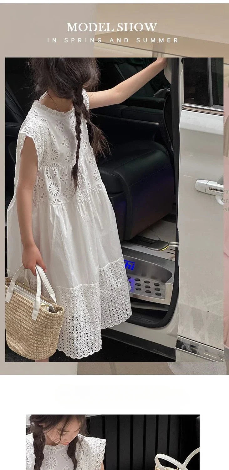Cotton Medium To Large Children's Clothing Lace White Dress Girls' Princess Little Fresh Vest Dress 2025 Summer New Style