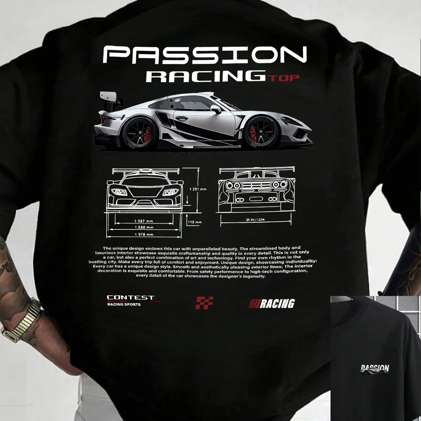 Men's summer 100% pure cotton fashionable casual sports loose racing graphic print round neck short sleeved T-shirt top