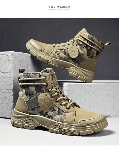 Men's canvas boots autumn winter new plus velvet high-top warm casual boots outdoor boots camouflage tooling boots desert boots