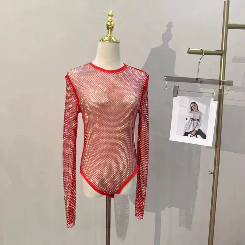 Women's Shiny Rhinestone Fishnet See-Through Bodysuit Mesh Fashion Sexy Bodysuit
