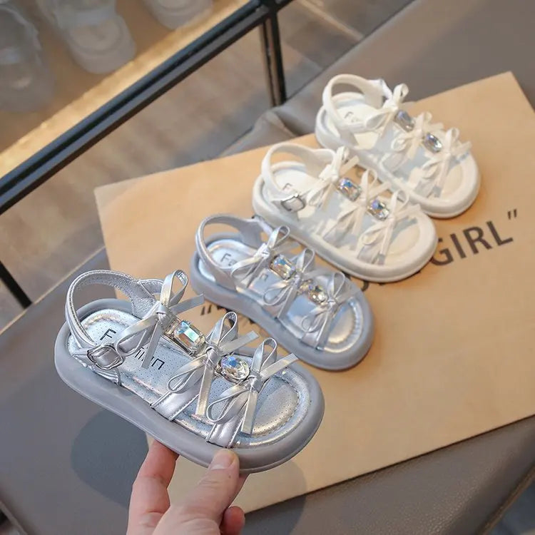 Summer Kids Fashion Hollow-out Roman Sandals Student Water Diamond Bow Sandals Sweet Bowknot Comfortable Elegant Girls Shoes