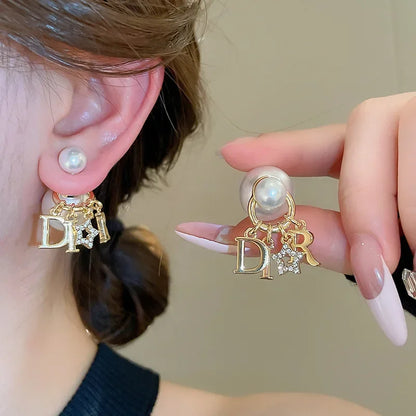 Retro Luxury Tassel Letter Pearl Earrings Women's Fashion Versatile Elegant High-End Feelings Front And Back Stud Earrings