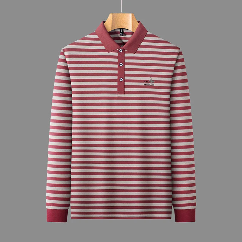 2025 new spring and autumn season new men's striped long sleeved T-shirt business casual lapel polo shirt base top