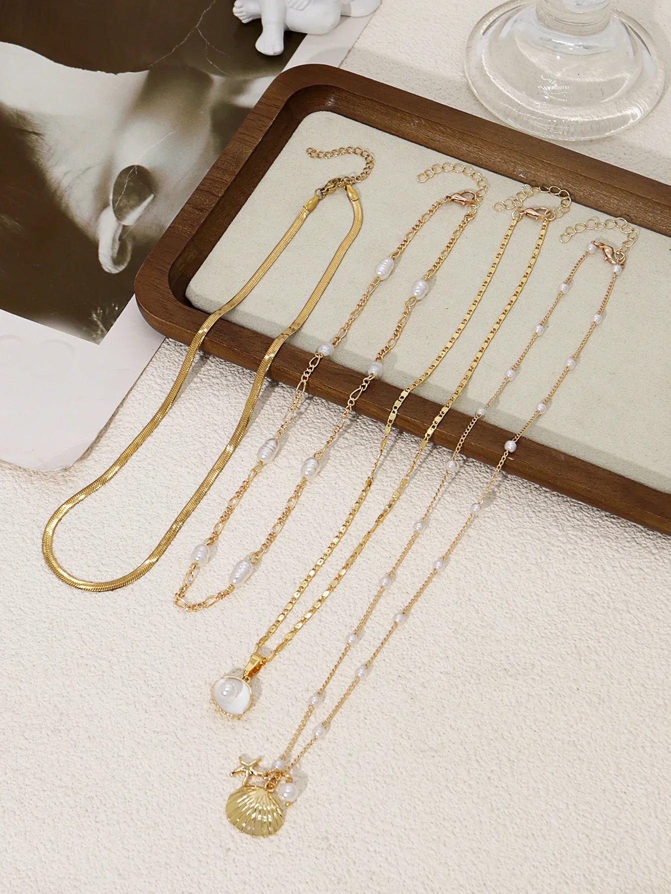 Vintage Shiny Shell Starfish Pendant Necklace for Women Simple Multilayer Thin Chain Choker Bridal Neck Jewelry