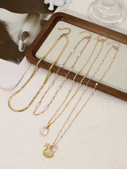Vintage Shiny Shell Starfish Pendant Necklace for Women Simple Multilayer Thin Chain Choker Bridal Neck Jewelry
