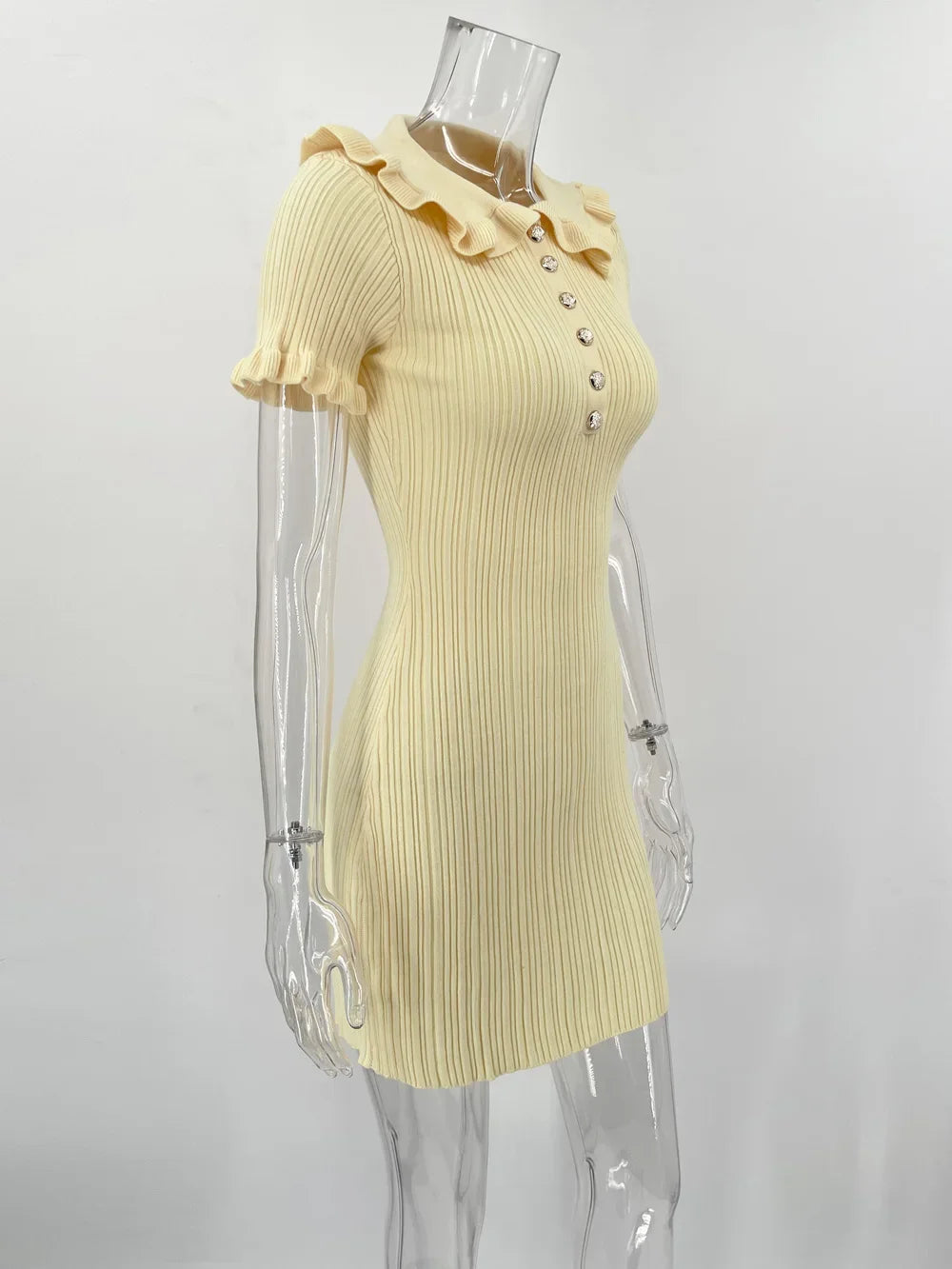 Ruffled Knitted Mini Dresses For Women High Waist Summer 2025 New Short Sleeve Dress Bodycon Female Retro Elegant Dress