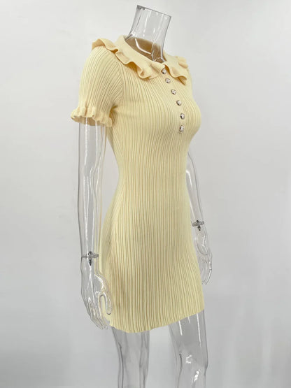 Ruffled Knitted Mini Dresses For Women High Waist Summer 2025 New Short Sleeve Dress Bodycon Female Retro Elegant Dress