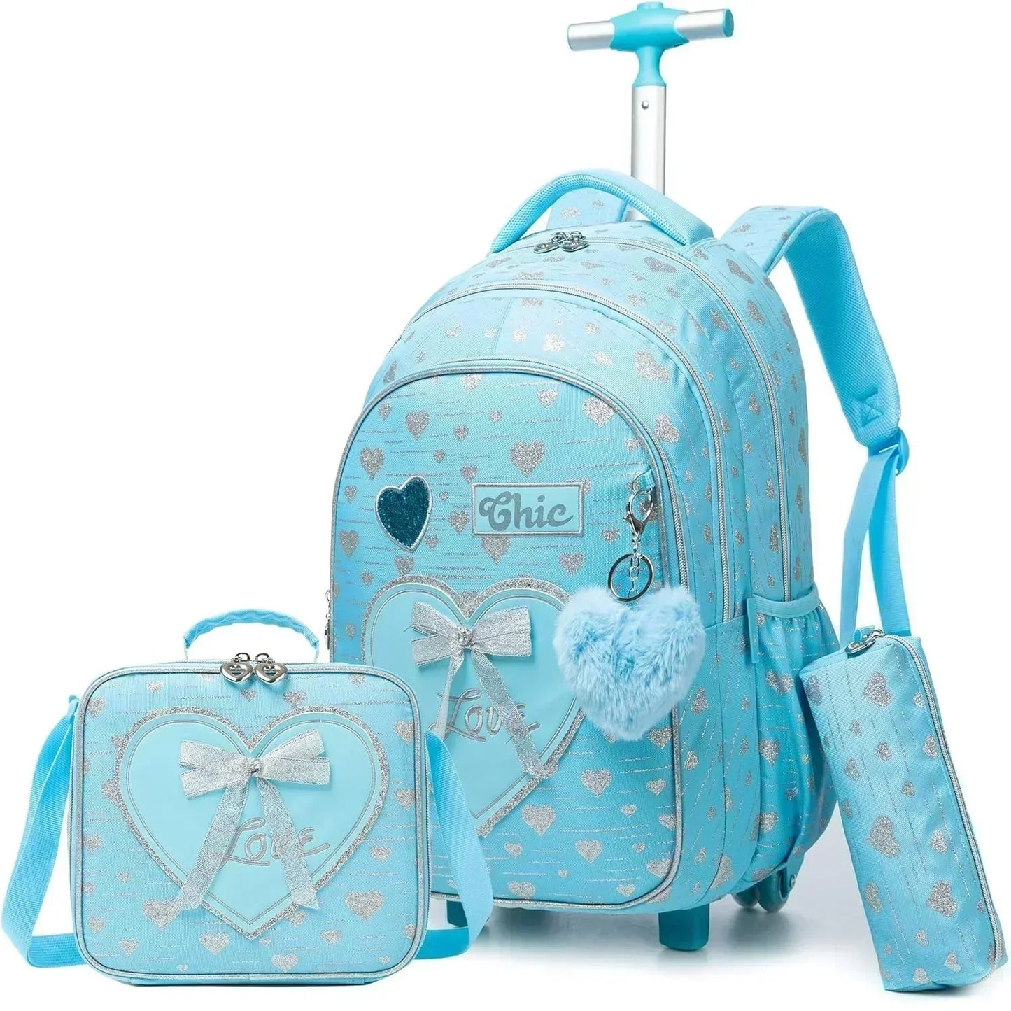 Children's Wheeled Backpack Bag Set with Lunch Box School Rolling Backpack Bag with Wheels School Trolley Backpack Bag for Girls