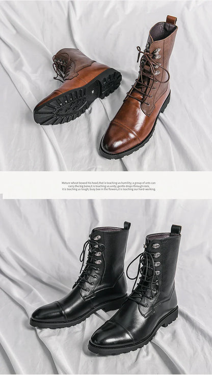 Men Lace Up High-top Boots Fashionable Outdoor Black Combat Boots