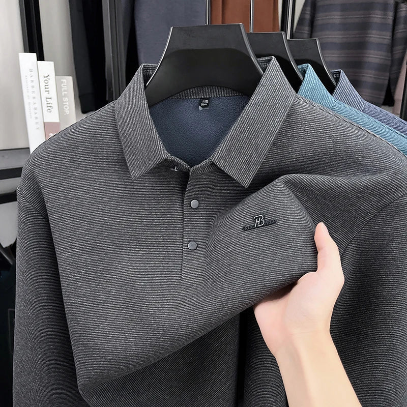 Fashion brand men's long sleeve polo shirt soft plush warm comfort new letter embossed solid color business casual lapel T-shirt