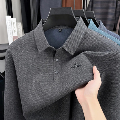 Fashion brand men's long sleeve polo shirt soft plush warm comfort new letter embossed solid color business casual lapel T-shirt