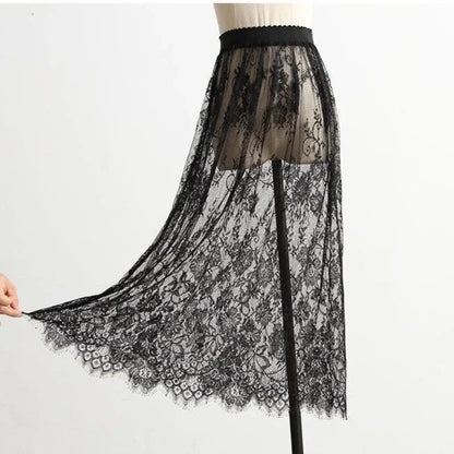 Transparent Sexy Lace Mesh Skirt Elastic High Waist Black White Tulle Mini Skirts Womens Skirt Korean Fashion Women's Skirt