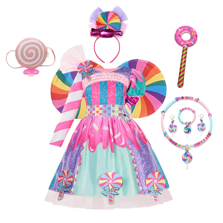 Girls Candy Fairy Lollipop Cosplay Costume Toddler Carnival Purim Rainbow Vestidos Girls Birthday Party Long Short Sleeves Dress