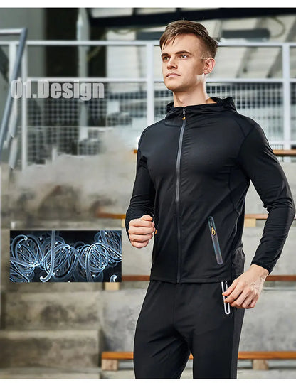 Running Jacket Hooded Jogging Tight Sportswear Quick Dry Men Reflective Training Set Gym Clothes Fitness Compression Sport Suit