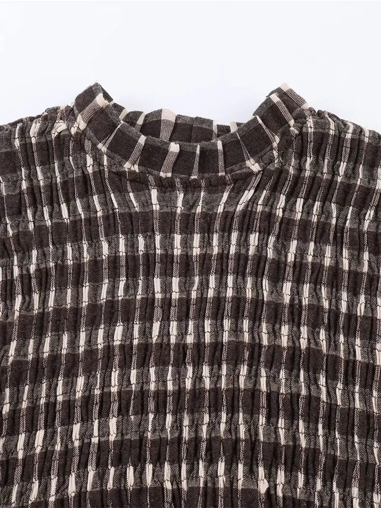 2025 Vintage Chic Brown Plaid Shirts Women Long Sleeve Blouses Fold Fashion Casual Elegant Women Tops Y2k