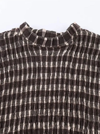 2025 Vintage Chic Brown Plaid Shirts Women Long Sleeve Blouses Fold Fashion Casual Elegant Women Tops Y2k