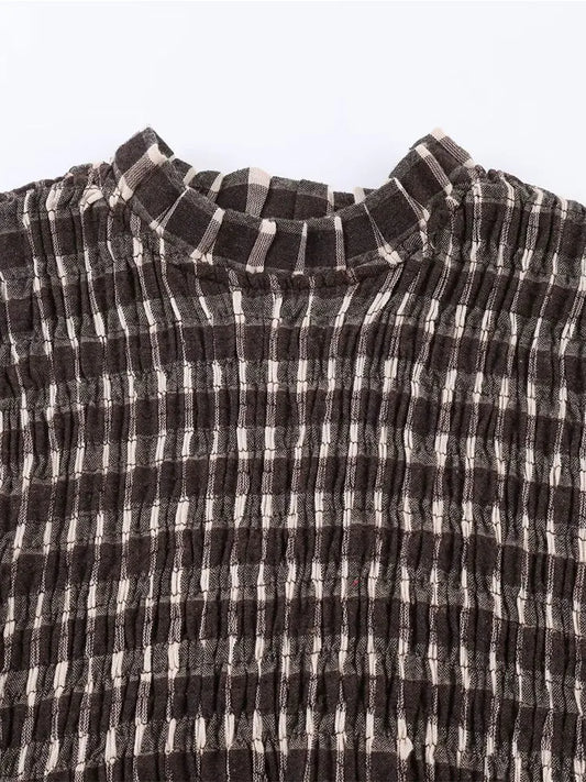 2025 Vintage Chic Brown Plaid Shirts Women Long Sleeve Blouses Fold Fashion Casual Elegant Women Tops Y2k
