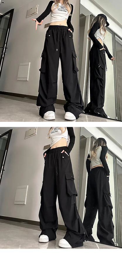 2026 New American Style Large Pocket Cargo Pants Women's Spring Summer Wide Leg Pants Loose Slimming Casual Sports Pants