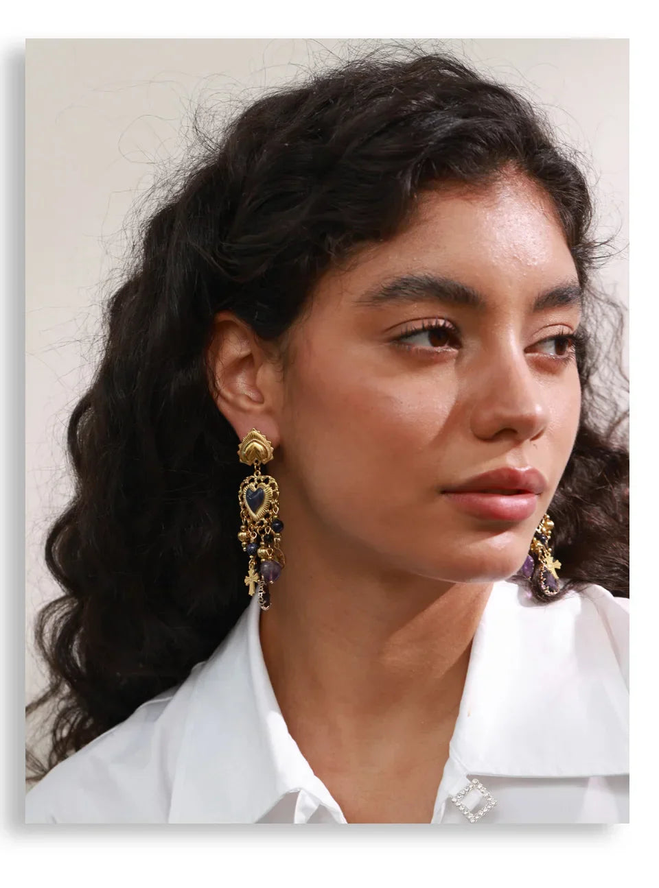 Vintage Stainless Steel Heart Cross Key Charm Pendant Drop Earrings Golden Plated Crystal Resin Stone Waterproof Jewelry