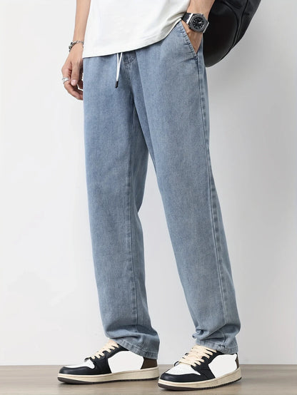 Men's Straight-Leg Jeans with Adjustable Drawstring Waist, Made of Breathable and Soft Fabric, Loose Casual Style.