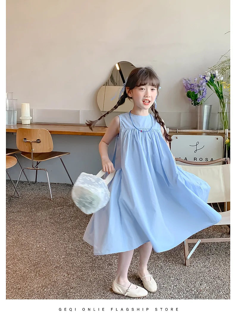 Summer Junior Girl Sleeveless Dress Solid Side Big Pockets Blue Ruched Dress For 2-10Y Girls Casual Round Collar Baby Girl Dress