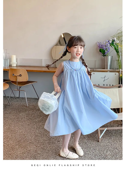 Summer Junior Girl Sleeveless Dress Solid Side Big Pockets Blue Ruched Dress For 2-10Y Girls Casual Round Collar Baby Girl Dress