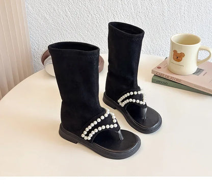 2025 Children High-top Sandals for Girls Summer New Fashion Korean Style Soft Sole Non-slip Versatile Pearl Roman Princess Shoes