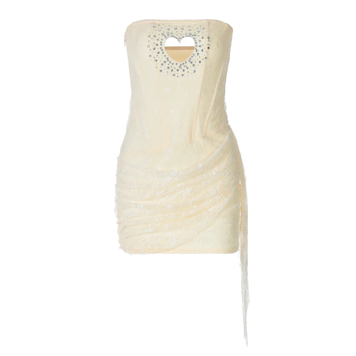 Fashion Sequined Strapless Heart Shape Hole Sexy Zipper Patchwork Mesh Mini Dress Summer Outfits Birthday Festival