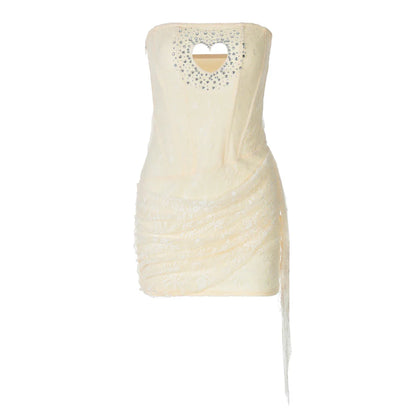 Fashion Sequined Strapless Heart Shape Hole Sexy Zipper Patchwork Mesh Mini Dress Summer Outfits Birthday Festival