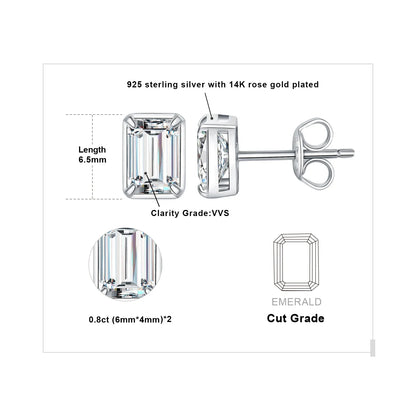 Moissanite D Color 1.6ct/pair Emerald Cut 925 Sterling Silver Stud Earrings for Woman Yellow Rose Gold Plated