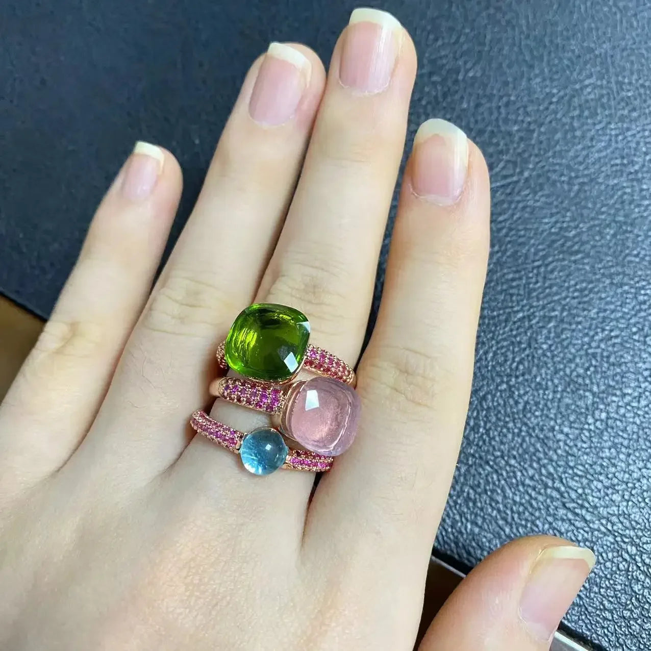 Conjunto de 3 anéis empilháveis ​​Nudo para mulheres, conjunto com cores mistas, cristais tipo bala incrustados, zircônia, ametista, topázio azul, joia redonda, presente