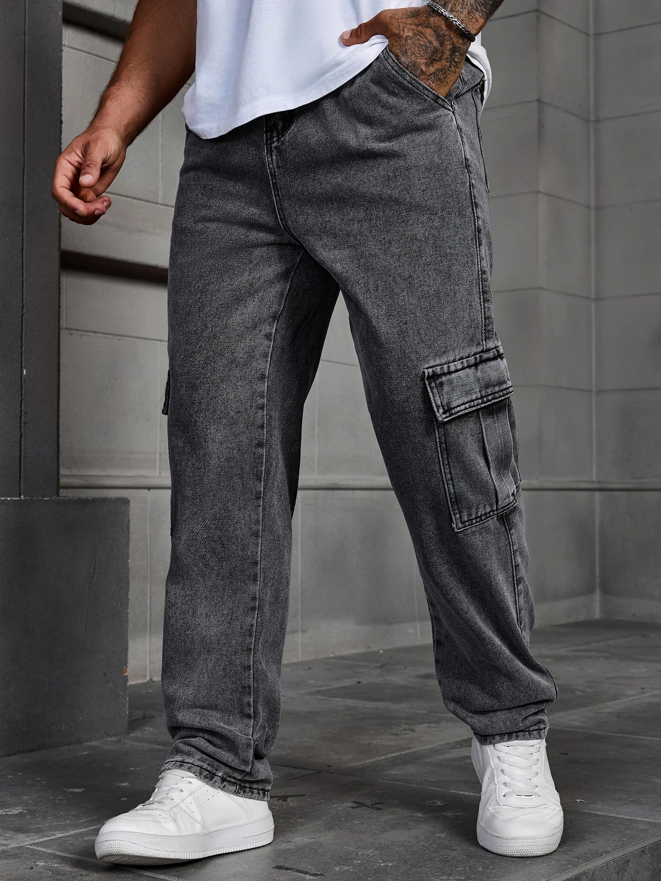 Men's Fashionable Multi-pocket Rrey Cargo Jeans Durable Non-stretch Workwear Denim Trousers Men's Pants Size XS-XL
