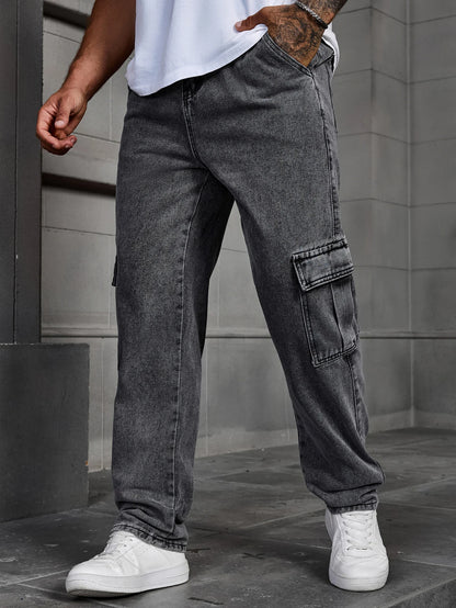 Men's Fashionable Multi-pocket Rrey Cargo Jeans Durable Non-stretch Workwear Denim Trousers Men's Pants Size XS-XL