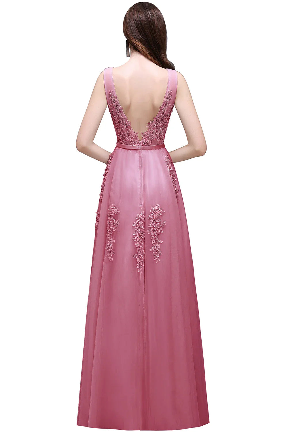 Gorgeous Pearl Pink Evening Dresses Illusion Strap Lace Appliques Square Neck V-Backless Gowns Slim A-Line Maxi Party Prom Dress