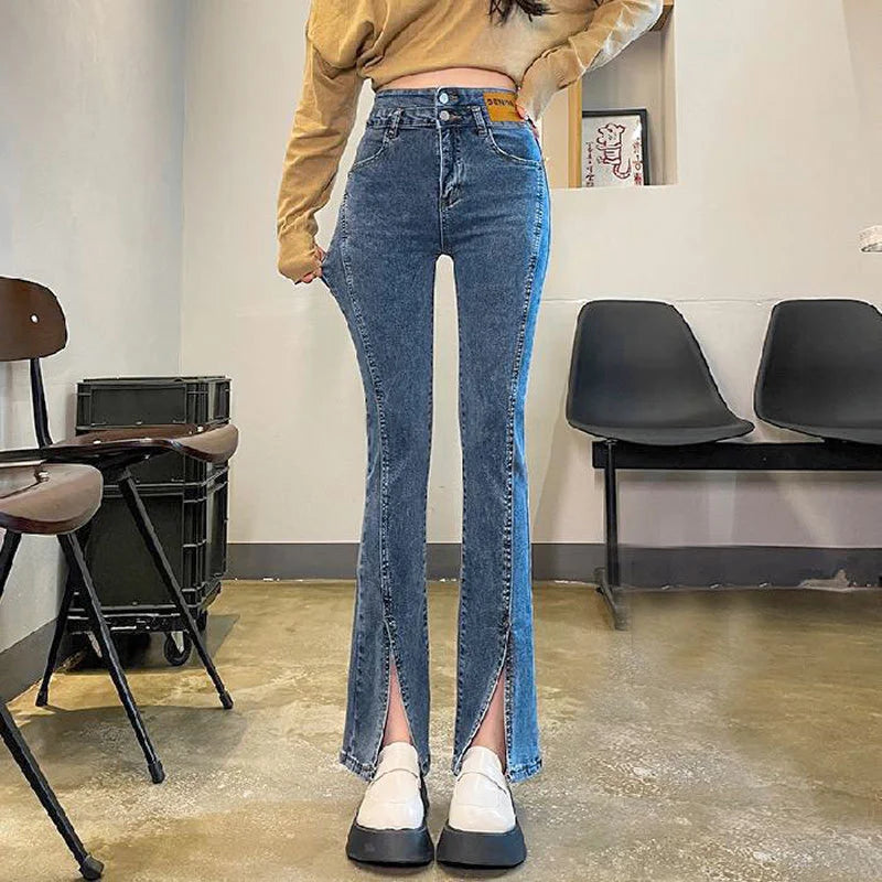 Women Autumn Winter Style High Waist Elastic Dragging Jeans